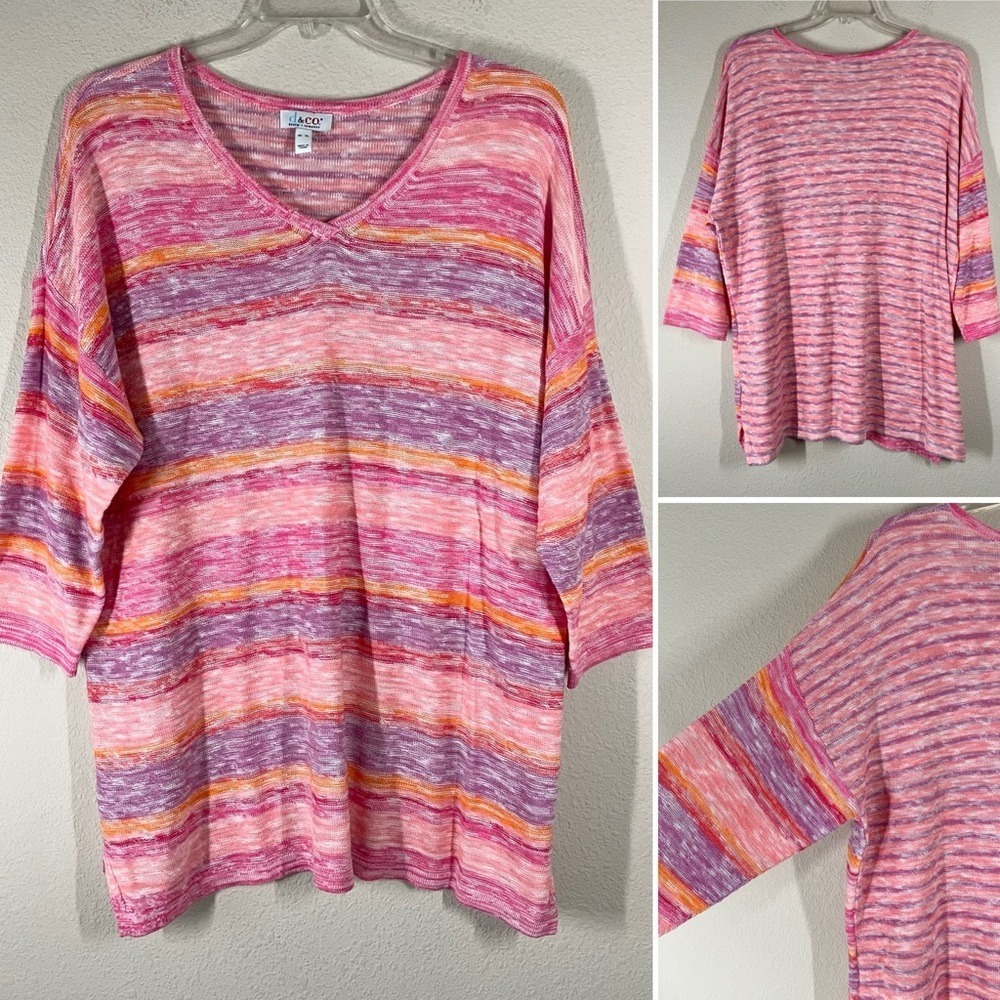 DENIM & CO Lightweight Tunic Sweater XL Open Knit Pullover Coastal Beach Pink